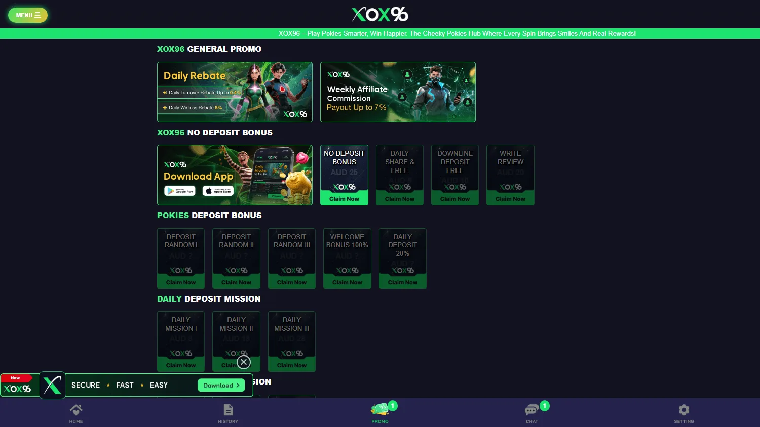 Xox96 Casino promotions area on desktop