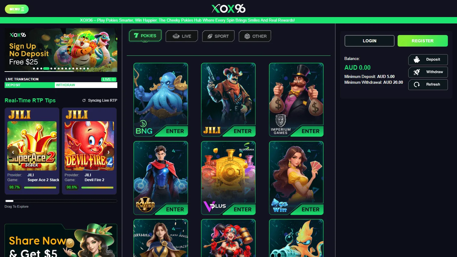 Xox96 Casino home screen on desktop