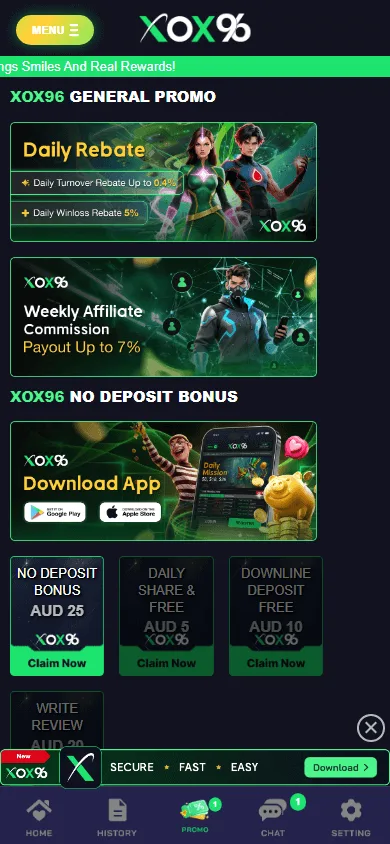 Xox96 Casino promotions area on a mobile device